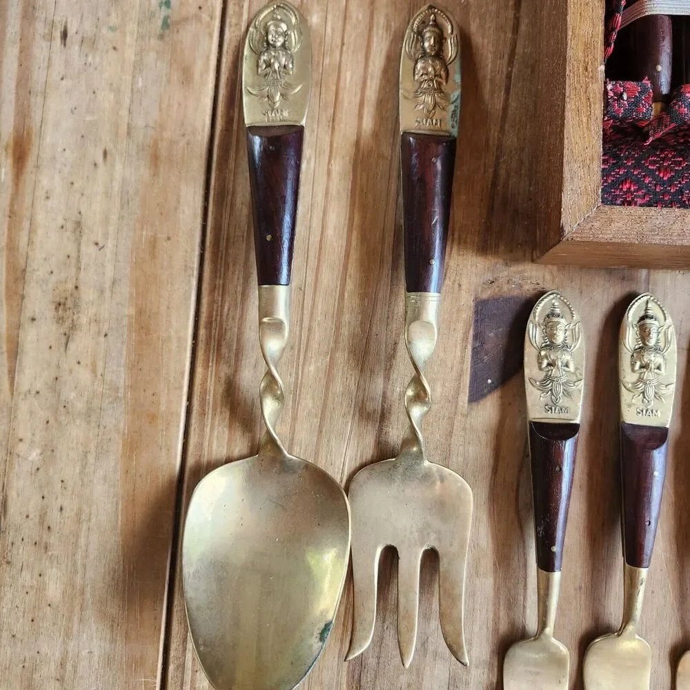 39 Pieces Beng Hwa Vintage Thai/Siam Flatware Set Teak Bronze Dessert Serving